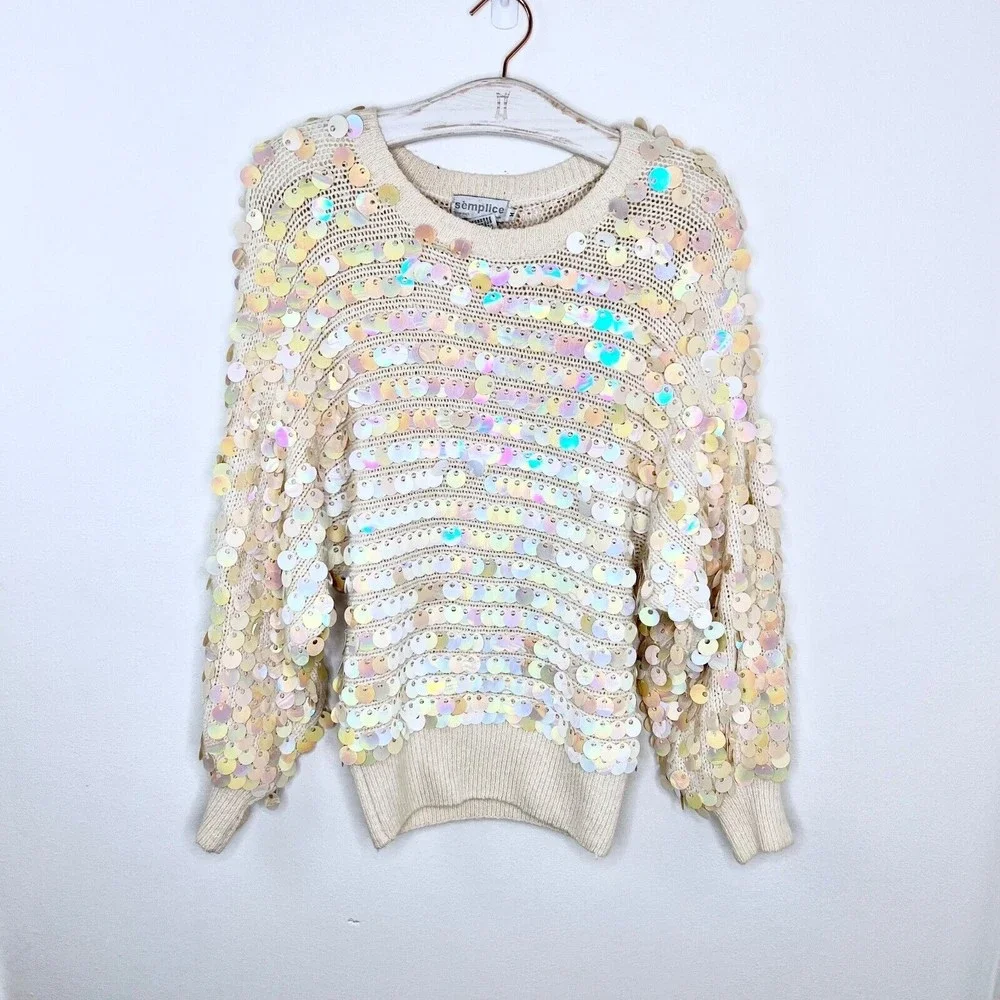 Vintage Semplice Pailette Sequin Dolman Sleeve Cream Sweater 1980s 80s Medium - Picture 1 of 5